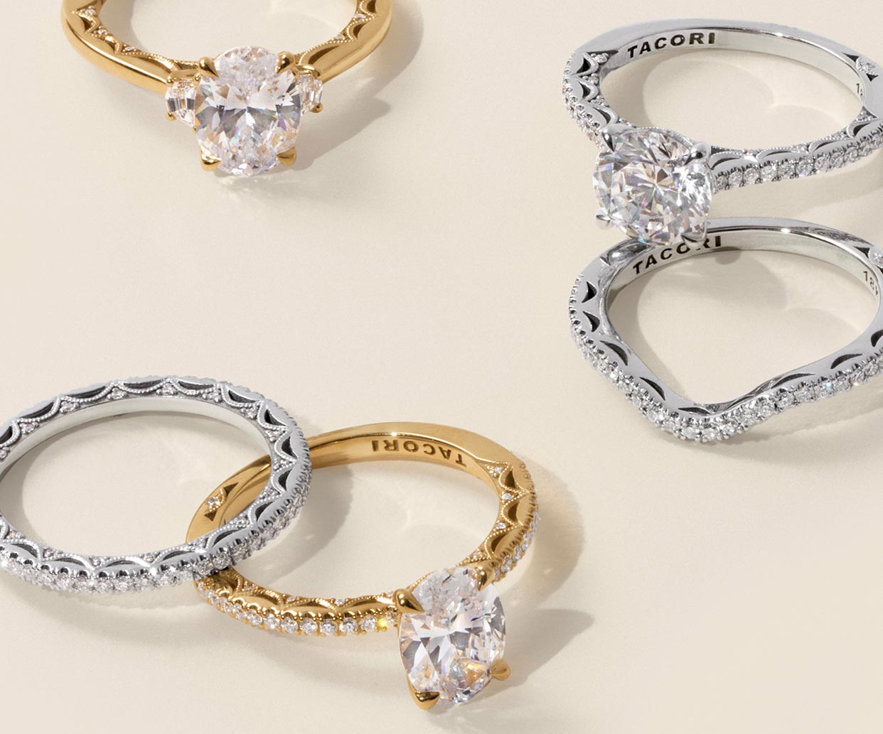 Variety of diamond engagement rings and wedding rings from the Tacori collection.