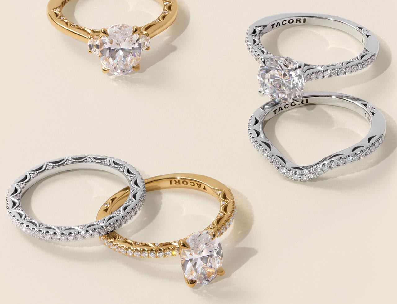 Variety of diamond engagement rings and wedding rings from the Tacori collection.