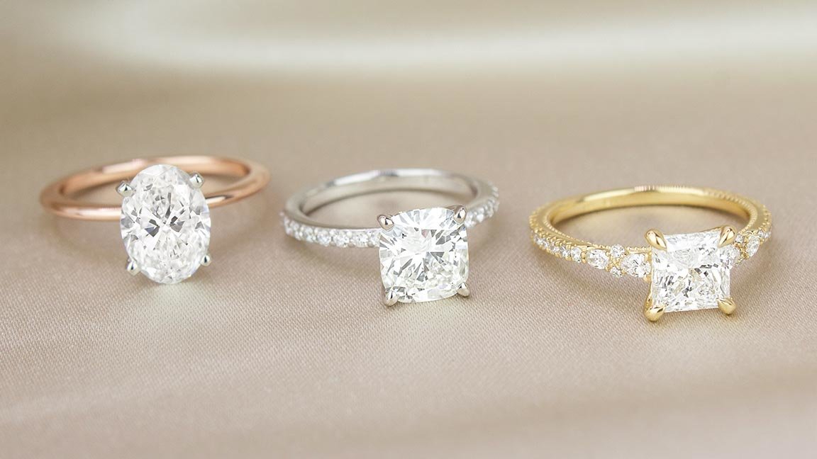 Unique rose gold, white gold, and yellow gold diamond engagmement rings.