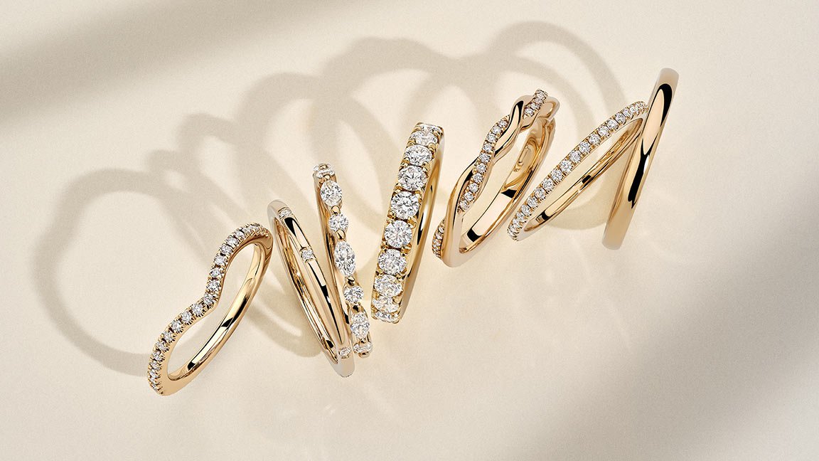 Variety of yellow gold diamond women's wedding rings.