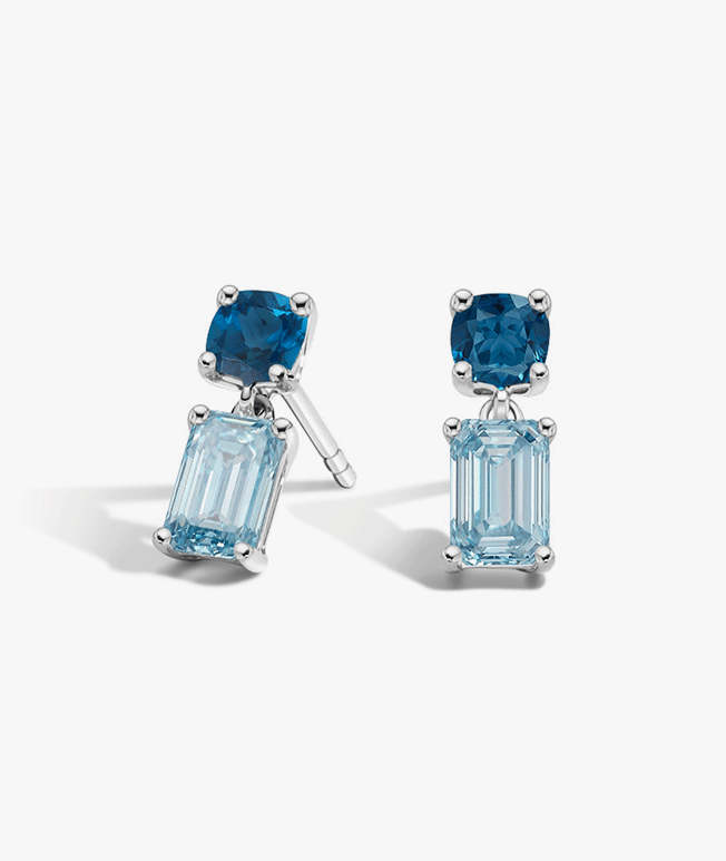 Unique earrings with two-toned blue gemstones