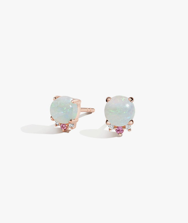 Rose gold opal earrings with diamond and pink sapphire accents