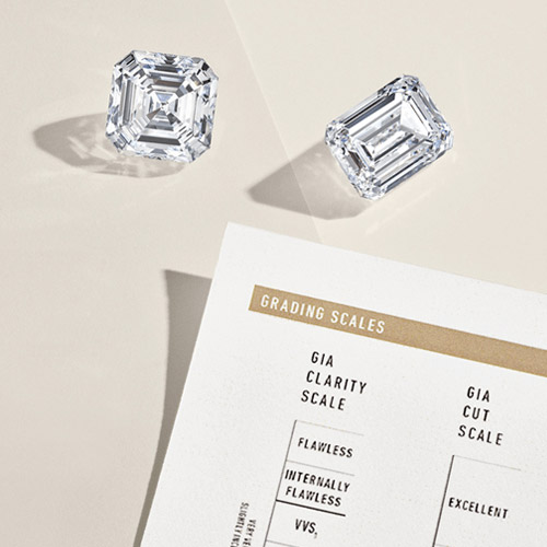 Two diamonds and a GIA grading scale guide.