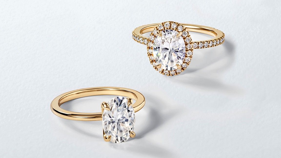 Gold moissanite engagement rings.
