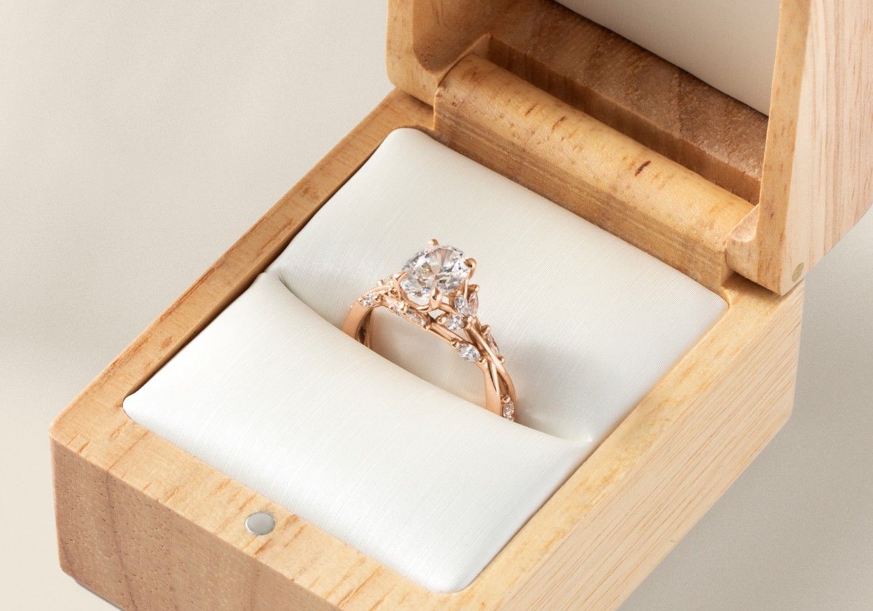 Diamond engagement ring in a Brilliant Earth ring box.