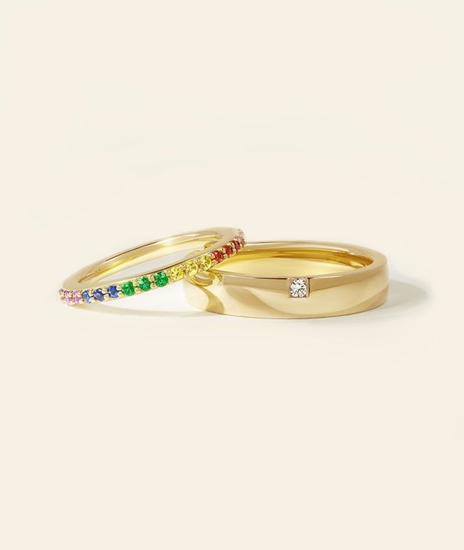 Rainbow gemstone yellow gold wedding ring