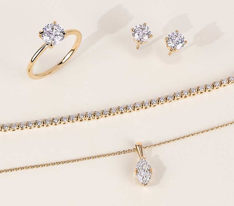 Variety of yellow gold diamond jewelry
