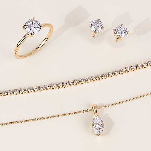 Variety of yellow gold diamond jewelry